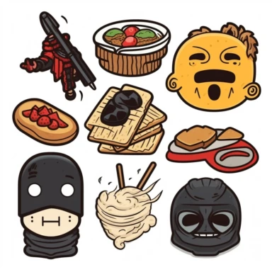 a set of black line clipart inspired by ramen and mutants and killer puppets and Funko Pop toys