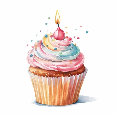 watercolor clipart, one individual cupcake with candle, white background