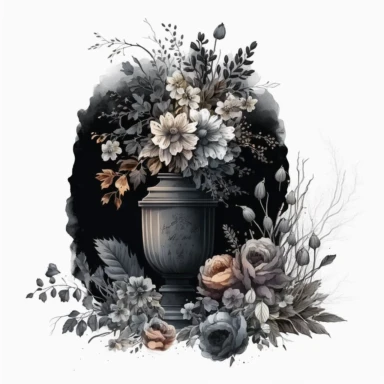 clipart aquarelle detailed, unique floral tribute, dark colors, loss and funeral theme, Black and white flowers