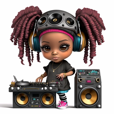 Black hip hop chibi girl png clipart, pink hair color, black hip hop girl, African American black girl dj behind turntable, 3d, white background
