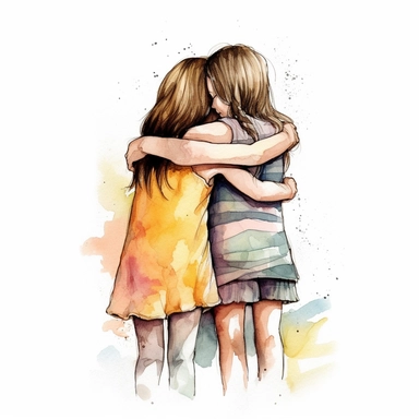illustration, watercolor, best friend hug clipart, black outline, white background