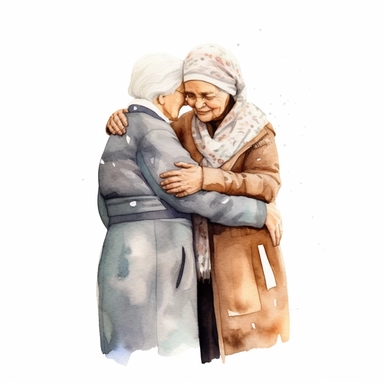 adorable diverse elderly hugging in friendship, water color, illustration, white background, black outline, Clipart