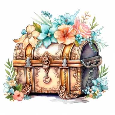 clipart, isolated on white background, Watercolor spring ornated metal treasure chest with jewelry on the beach, detailed, flowers, ornated, pastel colors