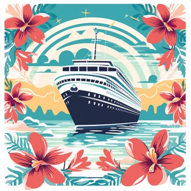 simple clipart of a cruise ship on a background of hawaiian shirt style flowers
