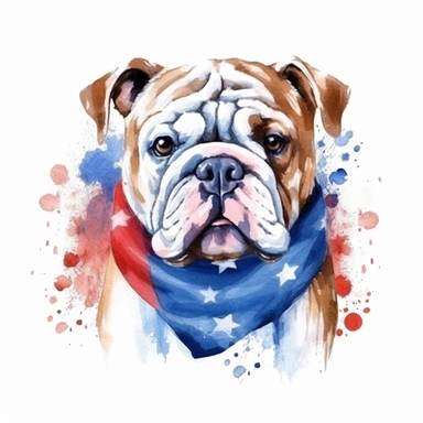 watercolor clipart illustration of a bulldog wearing a bandana, red white and blue, hand painted details, clean and simple designs, solid background color, spaced out