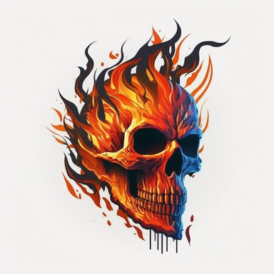 flame skull, tempera clipart illustration, dark outline, high definition, bold, clean, crisp, smooth, white background