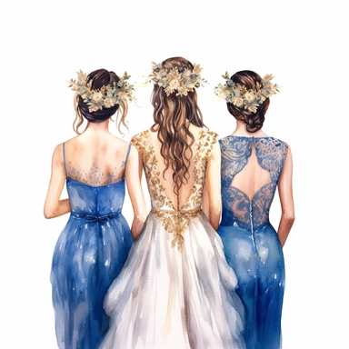 glamour dolce & gabbana half body back shot, watercolor white wedding dress bride wedding brunette hairstyle with beautiful gold headpiece clipart, + two bridesmaids in blue dress, hd, isolated on white background, spaced out ar 3:2