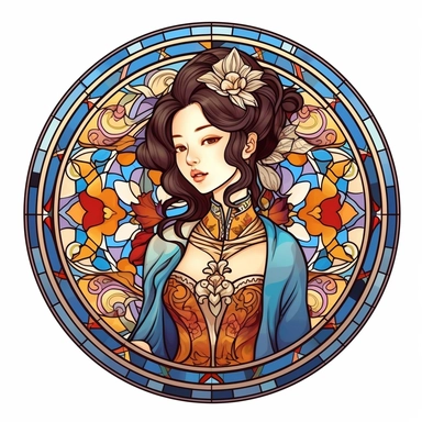 Vintage Cute Beautiful Round Stained Glass Korean fashion girl Sublimation Clipart, Cartoon, hyper realistic, intricate detail, illustration style, high solution, on the white background