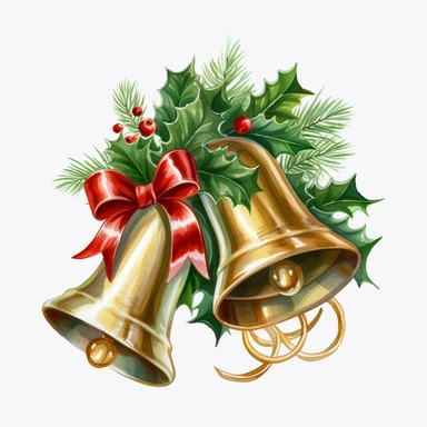 Christmas Bells Clipart, lateral view, clipart, transparent background, clear background, green leaves, high resolution, watercolor, vector, 12k, 300 dpi, 12: 12 ratio
