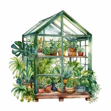 A small greenhouse with lush green plants inside clipart, white background, watercolor drawing