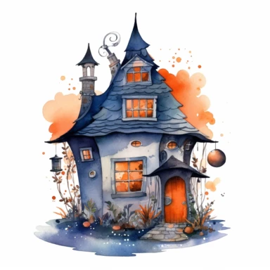 whimsical house, Vintage Witch Watercolor Clipart, dark blue and orange colors, white background