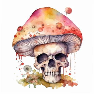 a magical , mystical mushroom, with a mexican sugar skull pattern , watercolour, clipart, white background