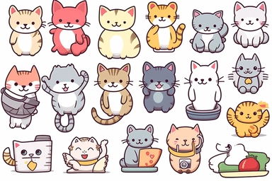 kawaii cat clip art images, in the style of kawaii charm, chilling creatures, cute cartoonish designs, clipart, vector, minimal, white background