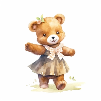 Cute baby bear clipart, happy expression, standing in dynamic pose, full body,2000s color scheme, wear bow headband,Gingham print sundress, front view, in the style of watercolor cartoon clipart, kate greenaway style, high resolution, composition free space,watercolour clipart, watercolor illlustration for kids and children, isolated white background, clipart most popular on etsy, book illustration, featured on dribble, print on demand image, PNG tranparent background, composition medium shot, n
