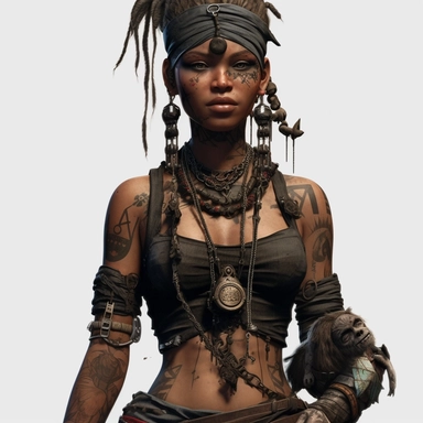 a caucasian woman wearing tribal clothing and doll head necklace post apocalyptic, unreal game engine style, different poses, detail, clipart, black background, one of a kind--ar 16:9