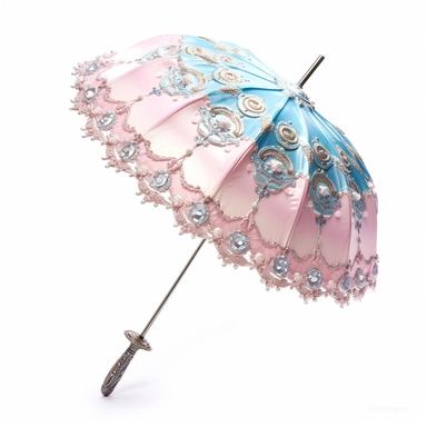 pastel pink and blue princess ornate parasol side view photo realistic clipart with white background straight handle