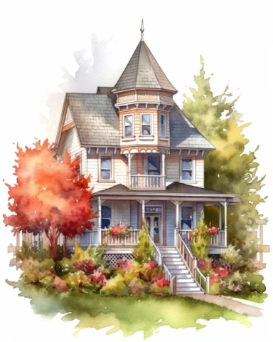 Watercolor clipart huge victorian house with conical roof, with lush garden, realistic, isolated on white background