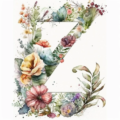 Watercolor botanical flower letter Z, clipart, colorful, white background