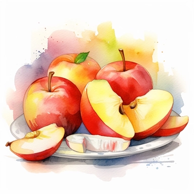 An apple fruit with a slice cut out, placed on a plate or tray with other fruits or desserts , Watercolor, pastels, clipart, beautiful, colourfull, png transparent white background, high resolution, no caption q4 s2