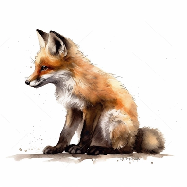 side-view of the fox,watercolour baby cute red fox Clipart, a single baby cute red fox, white background,super detail, dreamy, Studio Ghibli,no shadows, true colors,Free-cut on an all-white background, no shadows, no typography