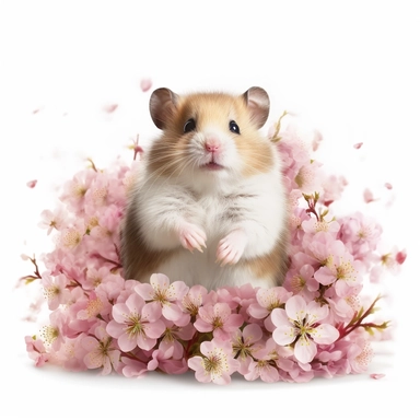 hamster Among blossoms, white background, clipart