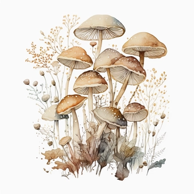 watercolor, a bunch of thin loong mashrooms in pastel beige color, a lot of details, good quality illustration, clipart, white background
