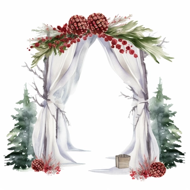 create a single arch Watercolor Clipart winter with snow covered pine cones, cranberries, pine trees, Christmas theme include sheer drapes, arbor, garland, poinsettia, mistletoe, white background, no text, no fonts