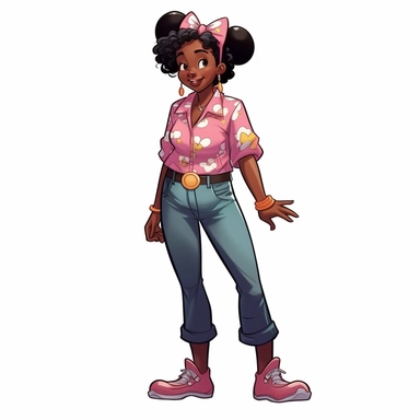 2d, beuatiful vibrant full body happy african american adult mickey mouse woman clipart, dark brown face, pink ears, wearing fun outfit and shoes, disneycore, cartoon realistic