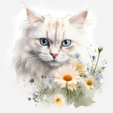 white fluffy cat with daisies, clipart pastel, style is watercolor, isolared, white background, soft face, Adorable, Charming , Endearing , fluffy, Furry, Gentle, innocent Playful, Precious, soft, Sweet, Tender, Whimsical, 4k