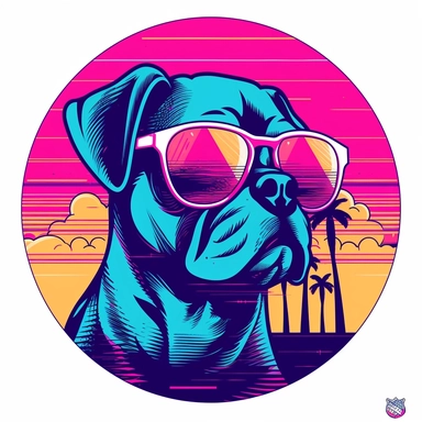 Design a retro-inspired clipart featuring a dog channeling the iconic Vice City style while enjoying the summer season. Create a cool and nostalgic dog character with vibrant colors and bold, exaggerated features. Infuse the clipart with elements reminiscent of the 1980s Miami aesthetic, such as neon lights, palm trees, and retro patterns. With a white background, the clipart maintains a classic and versatile appeal. Perfect for digital designs, merchandise, and print materials, this Vice City-s