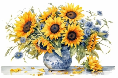 watercolor sunflower clipart sunflower floral bouquet in the vase on the table , white background. Watercolor predator animals wildlife. Ultra High Realistic. ultra high resolution, Isolated on White Background. 32K ,