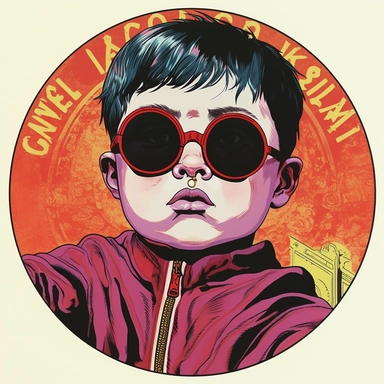 Jim Lee's drawing depicting a short chubby little round elf elvish bishop pope holy prophet Chinese young boy child with dark sunglasses, Mike Allred Josh Kirby, handpainted enamel retrowave, clipart illustration, circular frame solid background