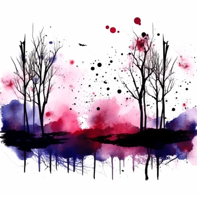 simple and minimalistic clipart in black ink and watercolor style with black ink splatter, witchcore scenery with deep forest and red berry trees in the twilight, dark blue and light purple color scheme, white background, uhd, high quality