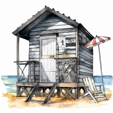 watercolour beach hut clipart illustration, on an isolated clean white background, with black ink outline and black border, cut out