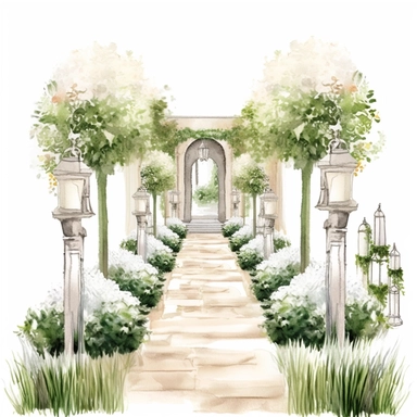 Hand drawn aisle grass with white brick, tall topiary’s with white flowers line the aisle and sparkly crystals, glamorous, very detailed and realistic, watercolor, clipart style, white background with margins