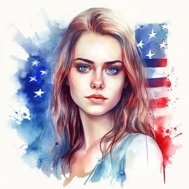 beautiful girl with american flag background, bright blue, white, red color, amazing watercolor clipart, ultra realistic, bright color, hd, independents day, patriotic usa
