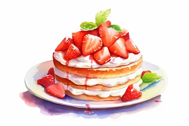 picturesque,a bright simple strawberry sponge cake on dish in family restaurant, mint, clipart on white background, watercolor style,detailing, high quality, painted by Beatrix Potter, 8k