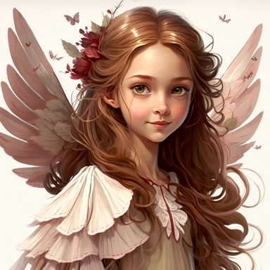 lilly stone, beautiful smiling fairy with large wings, 10 year old girl with long light brown wavy hair, burgundy dress, big eyes, BENTE SCHLICK style illistration, sparklecore, flowers, hyper detailed, white background, mid shot, clipart