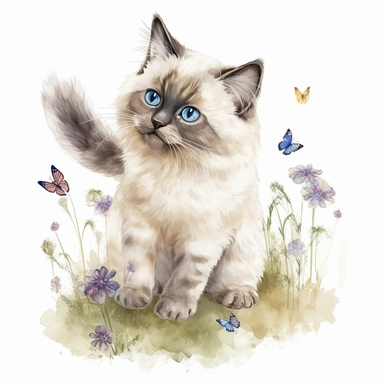 hand drawn ragdoll kitten, reaching for a butterfly, grass, flowers, very detailed and realistic, watercolor, clipart style