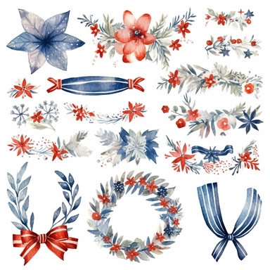 watercolor 4th of july patriotic decorations, illustrations clipart set, simple, , cartoon elements , bunting, ribbon elements, door wreaths, different variants , separate elements with a margin