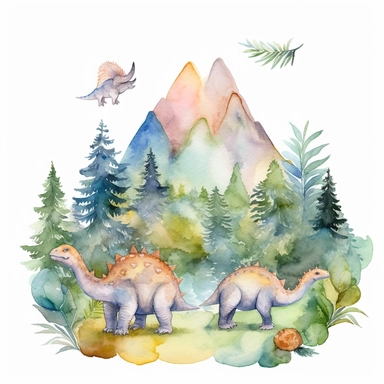 friendly, fluffy watercolor dinosaurs clipart, in mountains, forest, separated, seamless, transparent background--AR 3:2