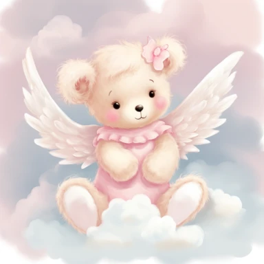 clipart, a whimsical illustration of a contented, loving and angelic baby teddy bear with a pair of angel wings wearing pajamas, floating on a cloud, surrendered by pink fluffy clouds, Use a smooth and light watercolor technique to give the artwork a dreamy and ethereal quality