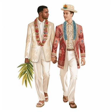 2 ethnic grooms wedding clipart, gay pride, white background