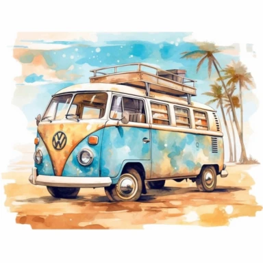 Beautiful and cozy Van on the beach, Hippie's 1970', 9 High Clipart JPGs, cute design in Michael Powell style, Watercolor Art