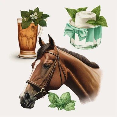 three clipart images in a row, a bowtie, a mint julep and horse for the kentucky derby