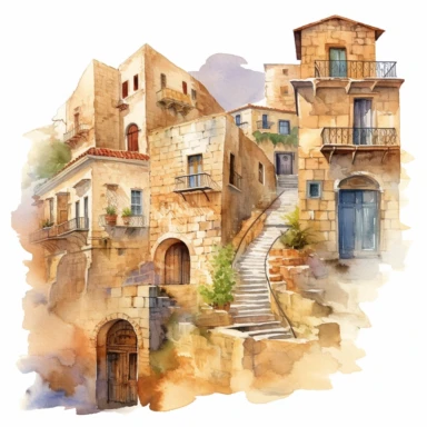 watercolor mardin town in turkiye, illustrations clipart set, simple, , cartoon elements ,different variants , historic stone houses,historic buildings, cobblestone lanes, tone facades of the buildings, Mardin's stone Alleyways separate elements with a margin