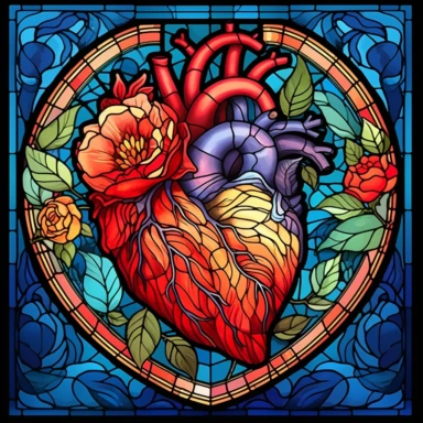 Design a captivating digital illustration of a Stained Glass Floral Heart Clipart, merging the beauty of stained glass art with anatomical Valentine illustrations. Embrace the artistry and intricacy of stained glass by incorporating vibrant colors, intricate patterns, and floral motifs. The style should evoke a sense of timeless elegance and craftsmanship, reminiscent of the delicate detailing found in stained glass windows. Experiment with lighting techniques to mimic the effect of sunlight fil