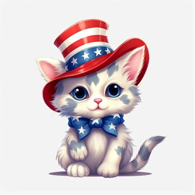 american flag day, clipart, a beautiful cartoonic cat wearing american hat, bow, beautiful, realistic, cute, white background