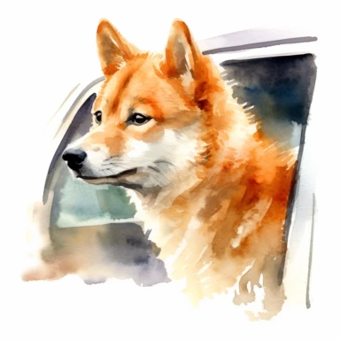 close up high detailed, Hand drawn watercolor clipart of shiba inu looking outside a moving car window, on a pure white background for background removal, no shadow, no paint splash