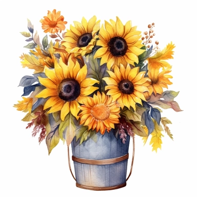 romantic clip art autumn sunflower flowers is shown in a watercolor style, gentle strokes, vintage, in a wooden bucket, in a bouquet, yellow and dark yellow petals, isolated on a white background, fairytale-inspired